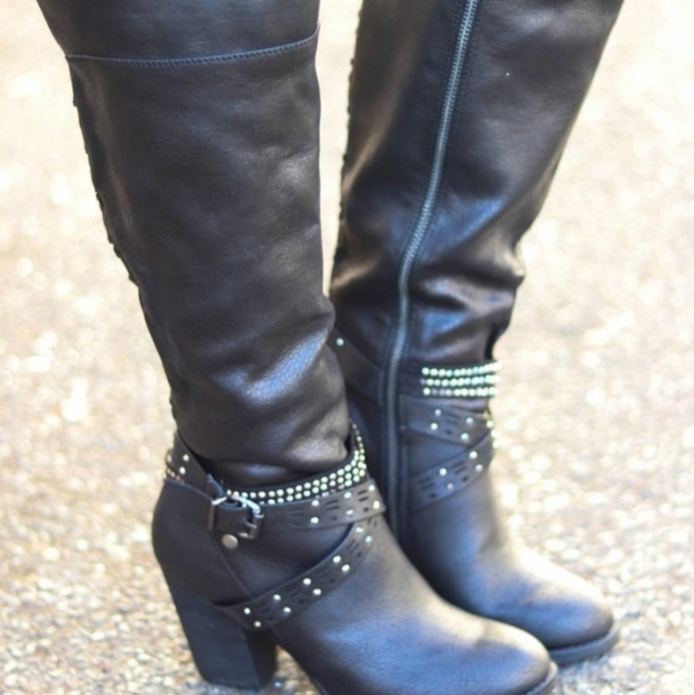 Black knee high studded boots